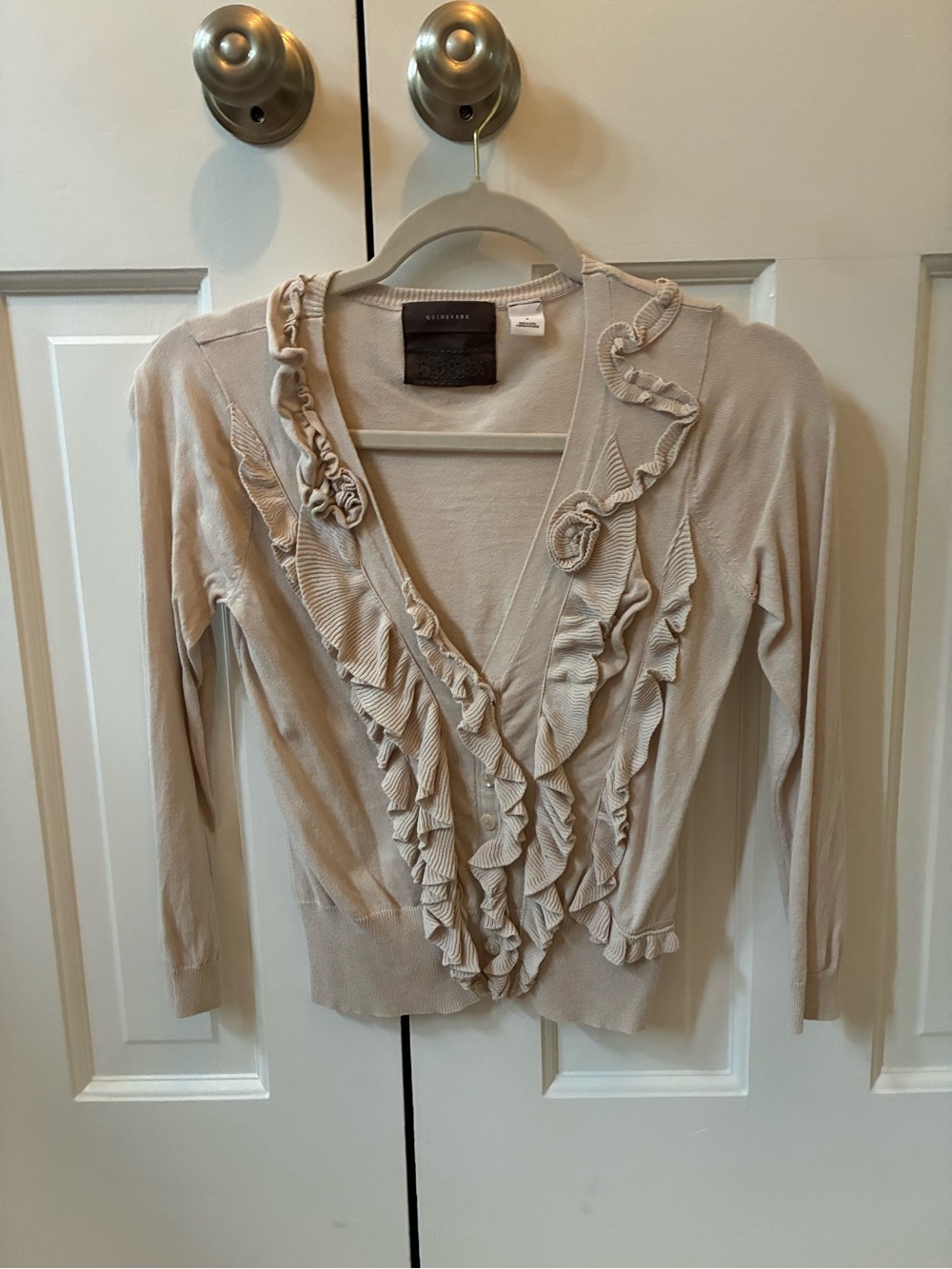 Anthropologie Beige Ruffle-Trim V-Neck Cardigan